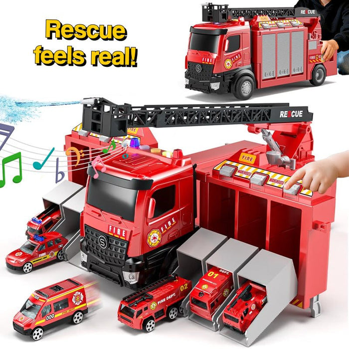 Mega Rescue Water Spray Truck with lights, sounds, 12 die-cast cars, and real water spray for interactive rescue play.