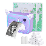 Kids instant print camera in unicorn design with thermal paper rolls and photo album for creative photography fun