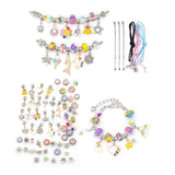 Kids bracelet-making kit with colorful beads, charms, and adjustable cords for creative DIY jewelry making.