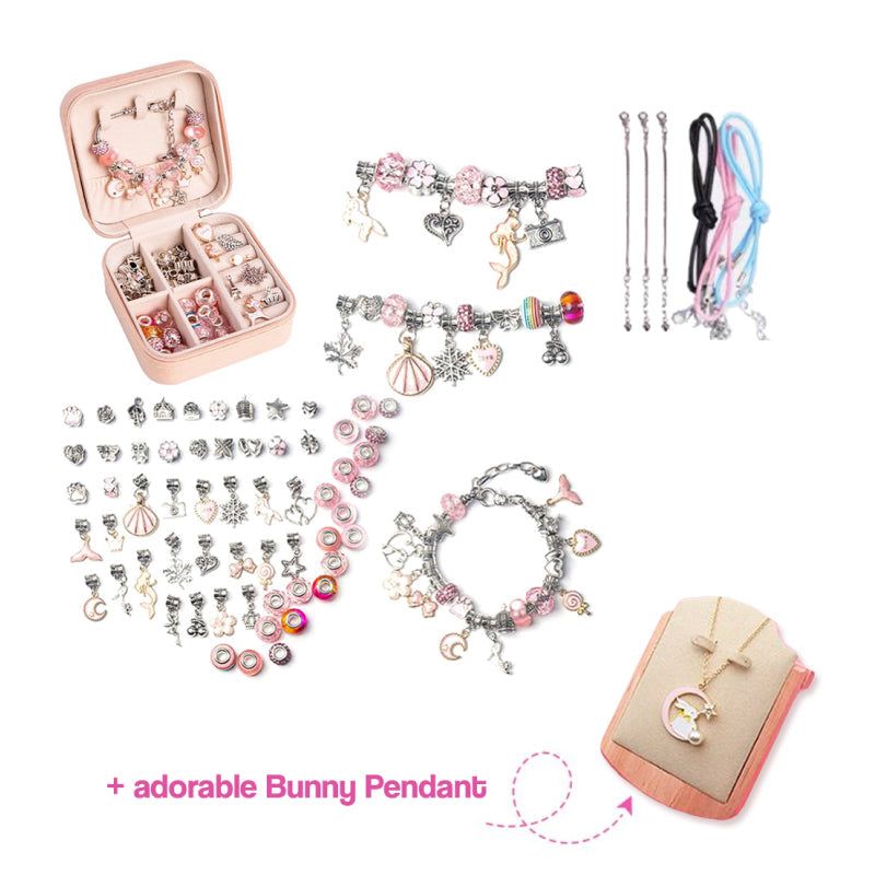 Kids Bracelet-Making Kit with beads, charms, chains, and bunny pendant gift set for creative crafting