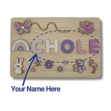 Custom Name Montessori Board personalized wooden name puzzle with colorful letters and playful animal shapes on eco-friendly birch plywood background