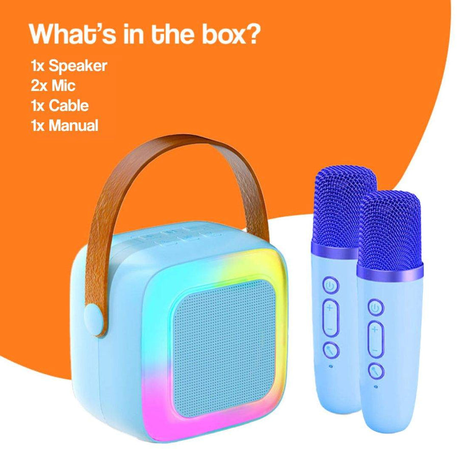 Family Fun Karaoke Machine with wireless speaker, two blue microphones, cable, and manual for kids aged 3+