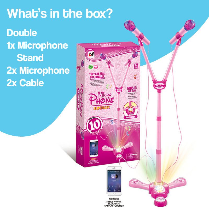 Complete Karaoke Mic Set with LED stand, two pink microphones, cables, and packaging box.