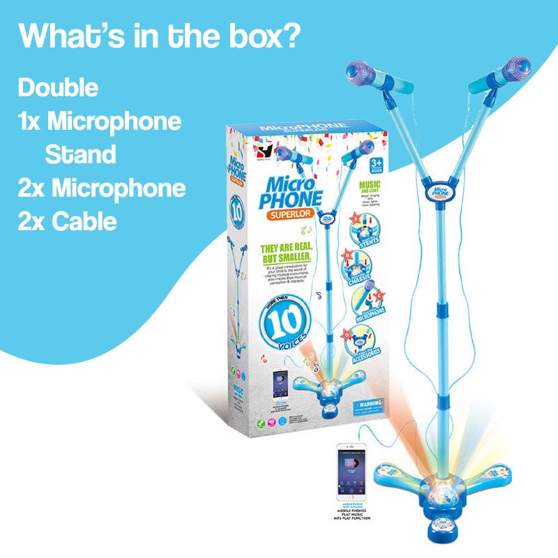 Complete Karaoke Mic Set with dual microphones, stand, cables, and LED light effects for kids' performances.