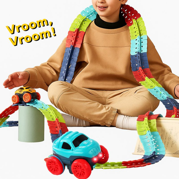 Child playing with colorful LED car on flexible anti-gravity race track with loops and spirals
