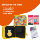 Child using MagicWipe reusable mess-free drawing book with colorful pens and cleaning wipes