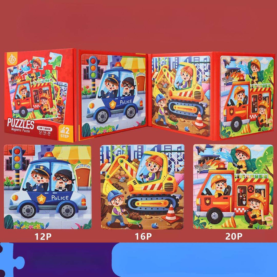 Colorful advanced magnetic puzzle book for kids aged 4-6 featuring interactive themes like fruits and dinosaurs