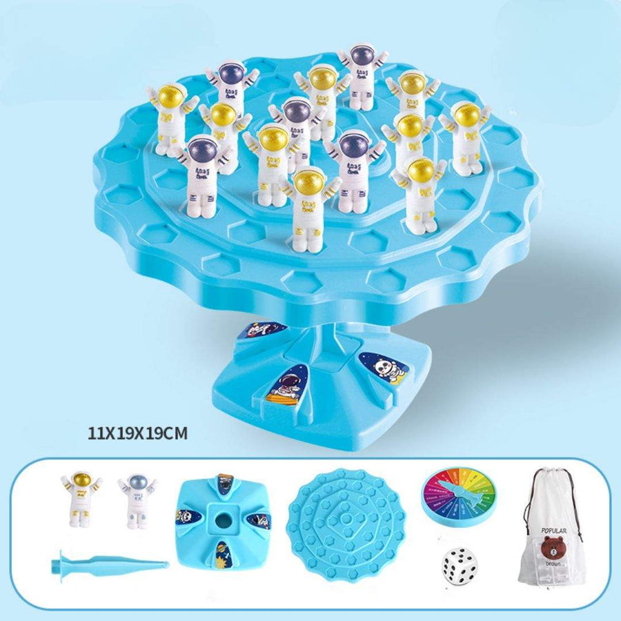 Balance Astronaut Stacking Game for kids with plastic astronaut pieces on a space-themed board.