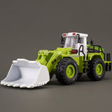 Set of alloy engineering vehicle toys for kids including loader, bulldozer, forklift, and road roller