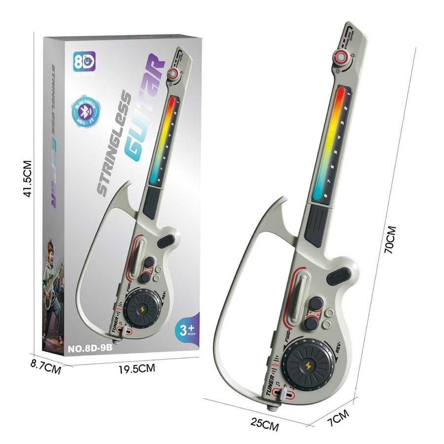 Multifunctional Bluetooth DJ Guitar for kids with stringless design, colorful lights, and portable foldable ABS body.