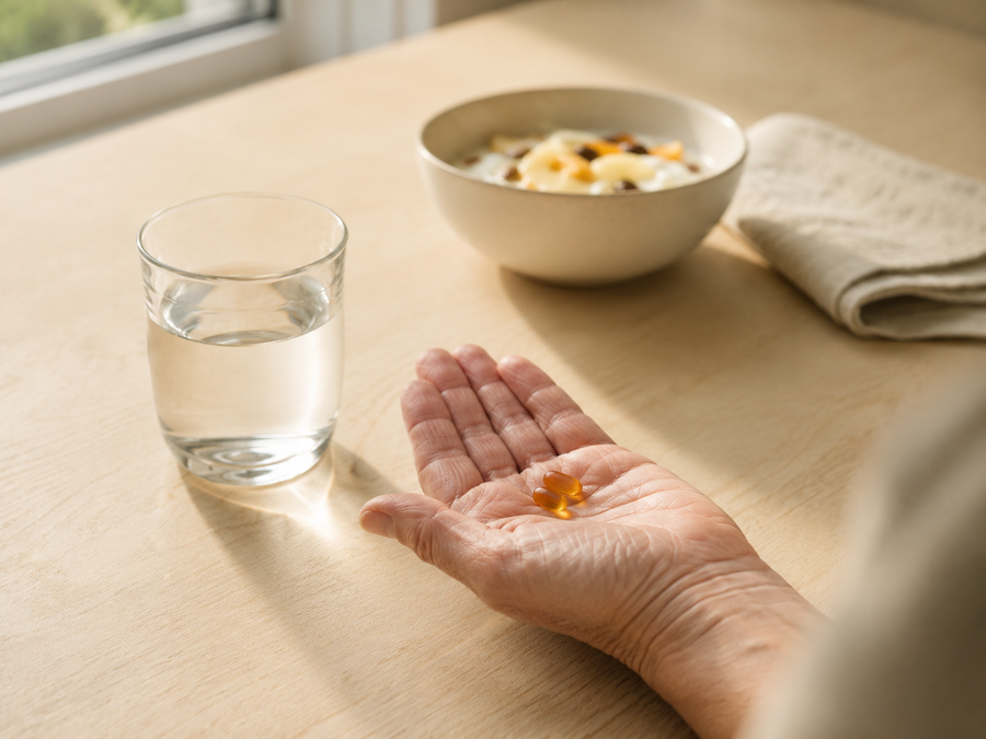 Two softgels beside a glass of water