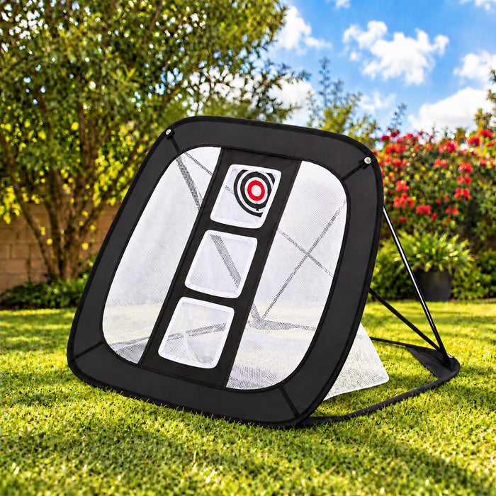 3-Target Square pop-up golf chipping net in backyard