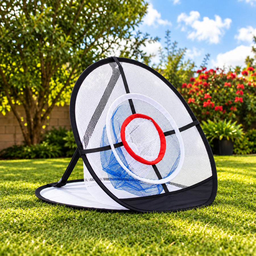 Bullseye Round pop-up golf chipping net in backyard
