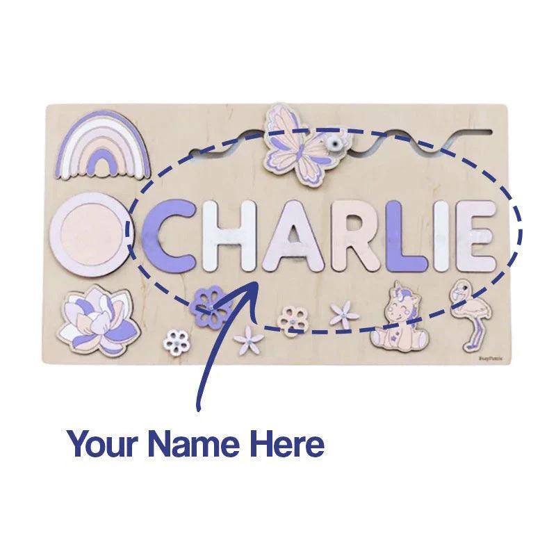 Custom Name Montessori Board personalized wooden name puzzle with colorful letters and playful shapes for kids learning and skill development