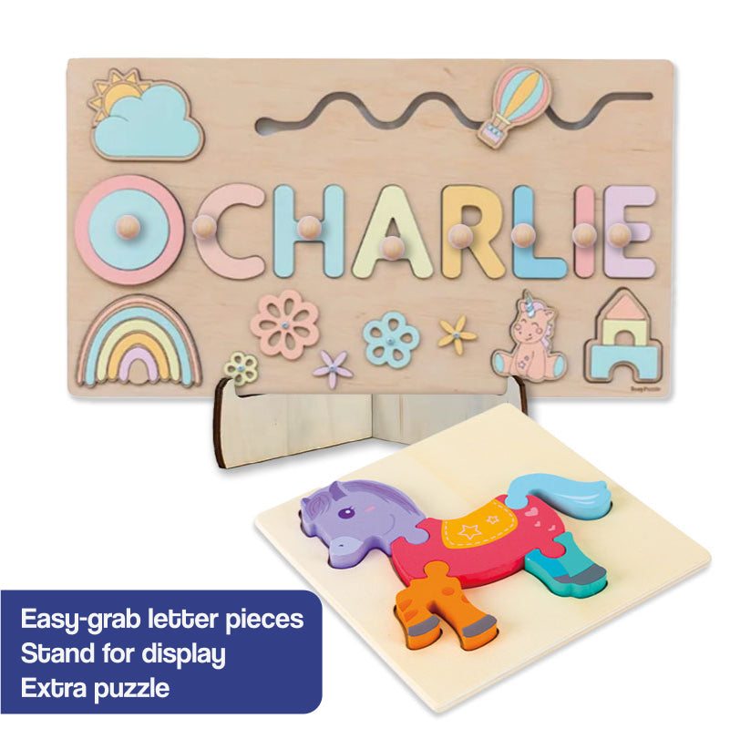 Custom Name Montessori Board with colorful easy-grab letter pieces, stand for display, and extra horse puzzle for kids learning and play