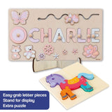 Custom Name Montessori Board personalized wooden name puzzle with colorful letters and animal shapes, easy-grab pieces and display stand, educational and eco-friendly toy for children.