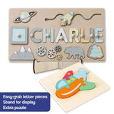Custom Name Montessori Board personalized wooden name puzzle with space and animal shapes, easy-grab letter pieces, and an extra puzzle with display stand