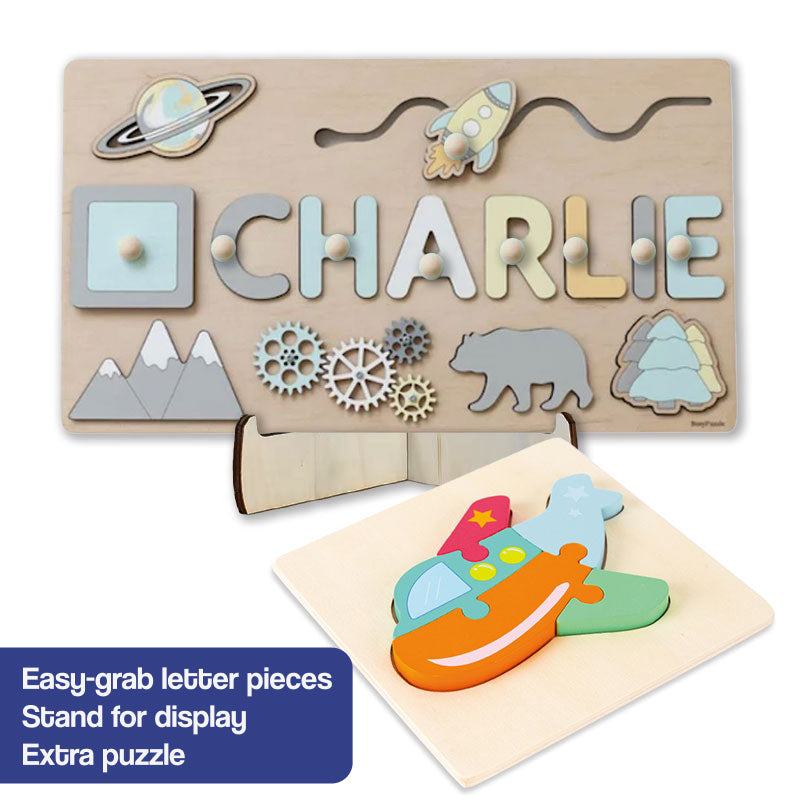 Custom Name Montessori Board personalized wooden name puzzle with space and animal shapes, easy-grab letter pieces, and an extra puzzle with display stand