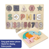 Custom Name Montessori Board with personalized name puzzle, shapes, numbers, and extra elephant puzzle for kids.