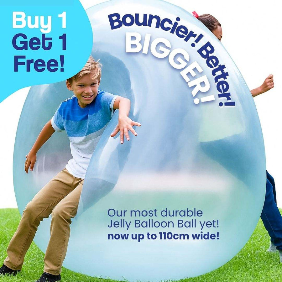 Kids playing outdoors with Giant Jelly Balloon Ball inflatable toy on grass, blue and white transparent balloon ball