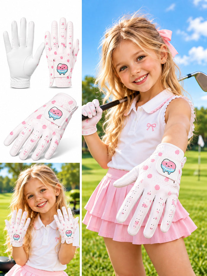 Junior golf glove with pink blossom print and cute character patch worn by a young girl golfer