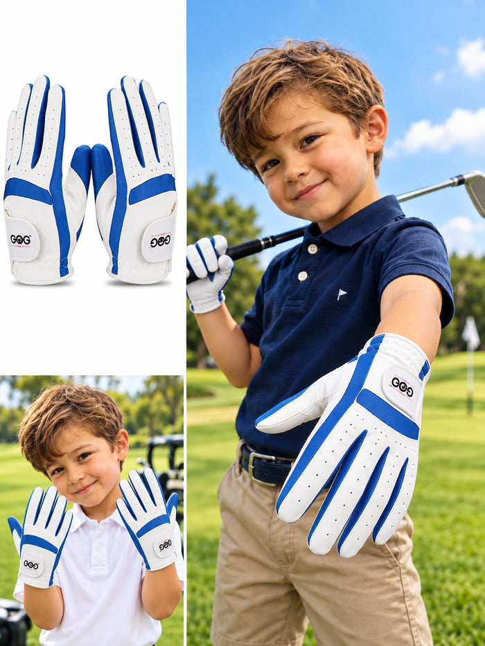 White and blue junior sport golf glove worn by a young boy golfer