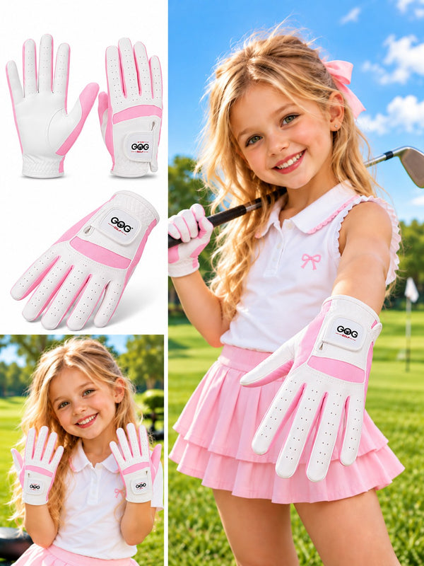 White and pink sport golf glove worn by a young girl golfer