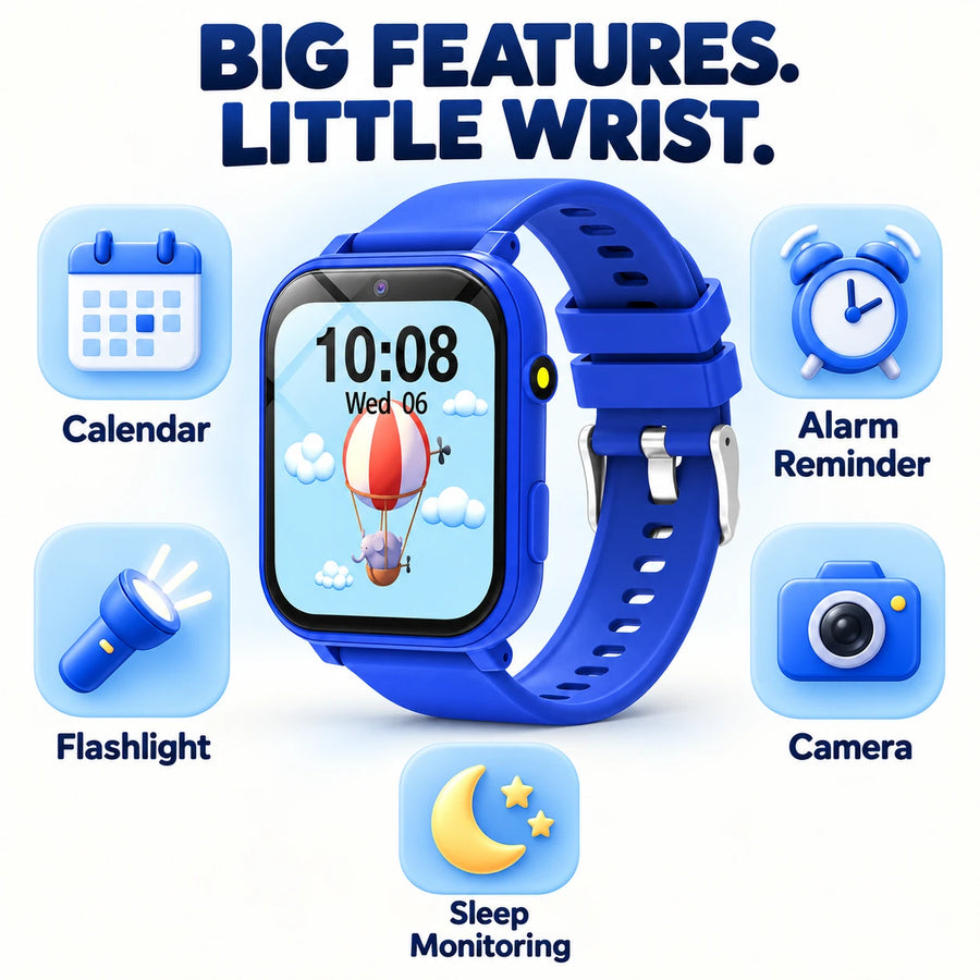 Kids smart watch features: calendar, alarm, flashlight, camera, sleep monitoring